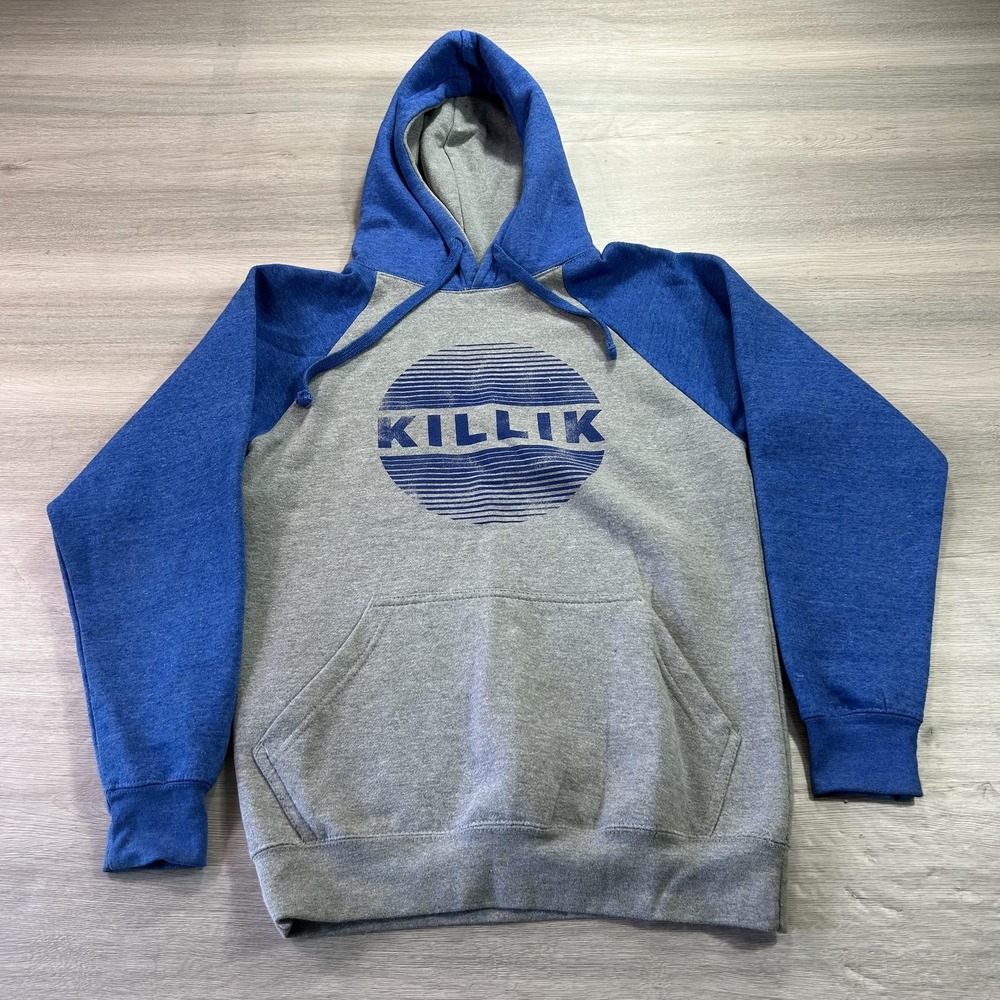 Killik Hoodie Mens Small Gray Blue Pullover Drawstring Logo Athletic Sweatshirt